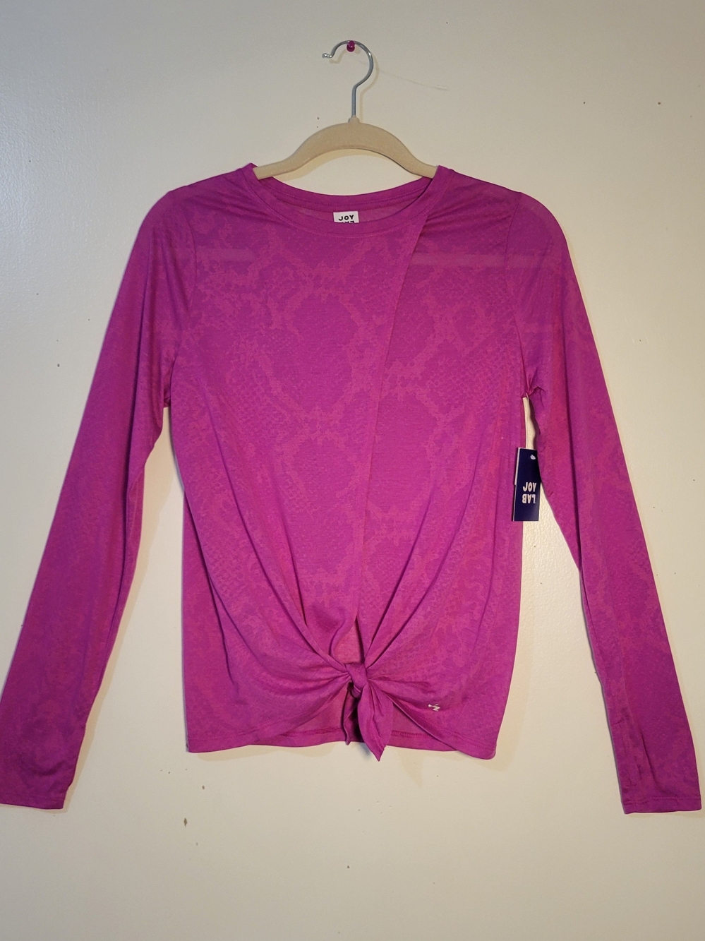 JoyLab Women's XS Burn out Snake skin Long-Sleeve Knot Front Top - Magenta Pink